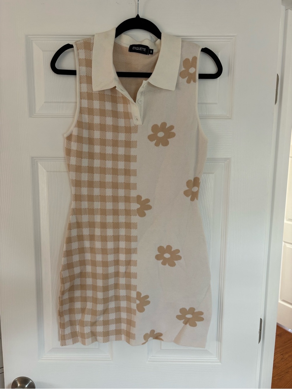Etiquette Sleeveless Polo Knit Dress in Cream and Tan